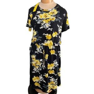Simier Fariry Womens XL Black Yellow Floral Print Drawstring Waist Midi Dress
